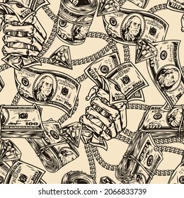 Vintage money seamless pattern in monochrome style with rolls and stacks of dollar banknotes jewelry chains diamonds skeleton hands holding one hundred US dollar bills vector illustration