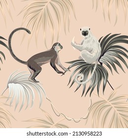 Vintage monkey animal, palm leaves seamless pattern pink background. Exotic botanical floral wallpaper.