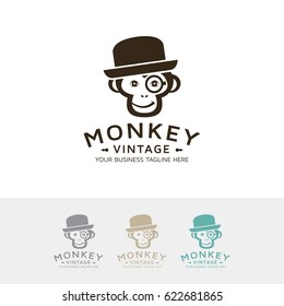 Vintage monkey logo design. Cute animal head logo concept. vector logo template
