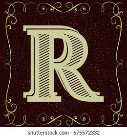 vintage mono font and golden floral label design alphabet named r