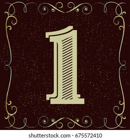 vintage mono font and golden floral label design alphabet named 1