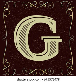 vintage mono font and golden floral label design alphabet named g