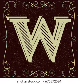 vintage mono font and golden floral label design alphabet named w