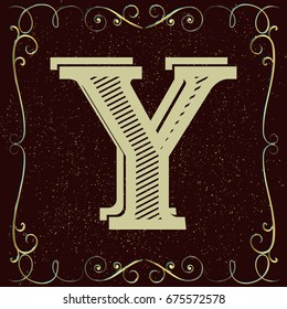 vintage mono font and golden floral label design alphabet named y