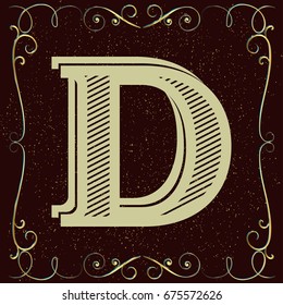 vintage mono font and golden floral label design alphabet named d