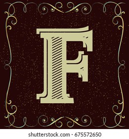 vintage mono font and golden floral label design alphabet named f