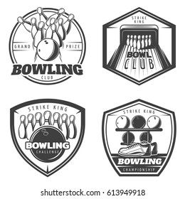 Vintage monochrome active recreation emblems set for bowling club with sport equipment isolated vector illustration 