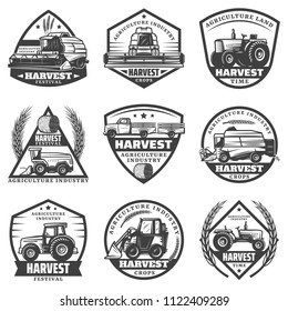 Vintage monochrome agricultural machinery labels set with combines harvesting vehicles loader tractors truck for crop transportation isolated vector illustration