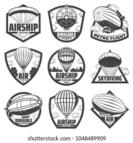 Vintage monochrome airship labels set with inscriptions hot air balloons blimps and dirigibles isolated vector illustration