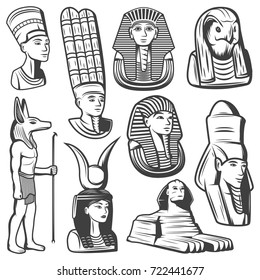 Vintage monochrome ancient Egypt people set with pharaoh mask sphinx egyptian gods and goddesses isolated vector illustration