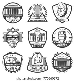 Vintage monochrome ancient Greece labels set with temple vase chariot olive harp coin helmet columns isolated vector illustration 