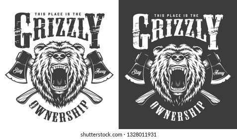 Vintage monochrome angry bear head label with crossed axes isolated vector illustration