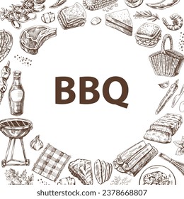 Vintage monochrome barbecue and picnic  template, hand-drawn. For the design of the menu, grilled food in a vintage doodle style. Template with an empty space in the center.