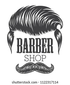 Vintage monochrome barber shop with hipster modern hairstyle and mustache isolated vector illustration