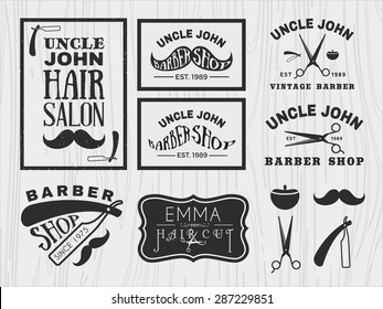 Vintage monochrome barber shop logo, labels, badges, banner, emblem, insignia, poster and design element
