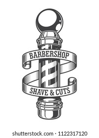 Vintage monochrome barbershop emblem with barber pole and inscriptions on ribbon isolated vector illustration