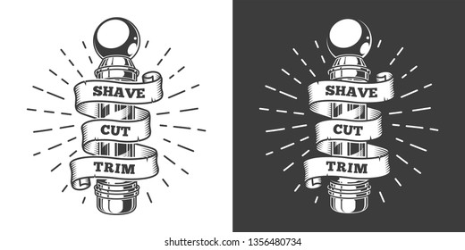 Vintage monochrome barbershop emblem with barber pole and ribbon around it isolated vector illustration