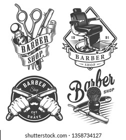 Vintage monochrome barbershop emblems with barber pole scissors comfortable chair male hands holding razors shaving brush isolated vector illustration