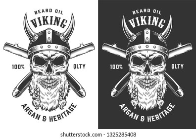 Vintage monochrome barbershop label with bearded skull in viking helmet and crossed razor blades isolated vector illustration