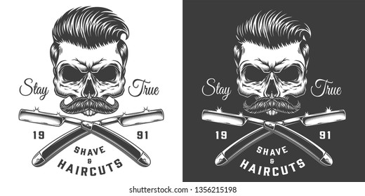 Vintage monochrome barbershop label with crossed barber razors and hipster skull with mustache and stylish hairstyle isolated vector illustration