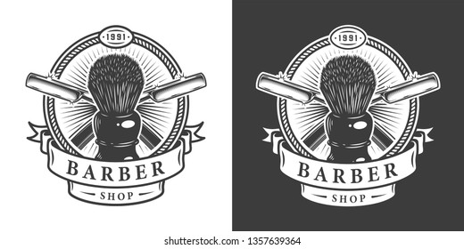 Vintage monochrome barbershop label with shaving brush and crossed razors isolated vector illustration