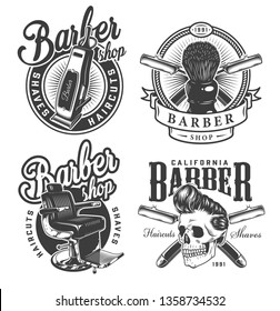 Vintage monochrome barbershop labels with electric hair clipper shaving brush comfortable chair skull with trendy hairstyle crossed razors isolated vector illustration