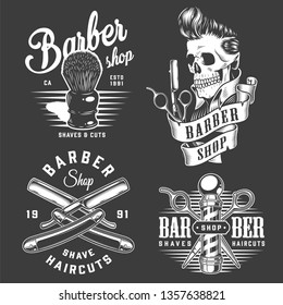 Vintage monochrome barbershop labels with professional barber instruments and stylish skull on dark background isolated vector illustration