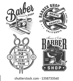 Vintage monochrome barbershop logos set with glass of whiskey razors scissors barber chair isolated vector illustration
