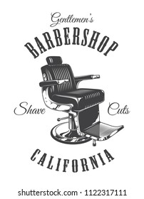 Vintage monochrome barbershop logotype with barber chair and inscriptions isolated vector illustration