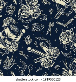 Vintage monochrome barbershop seamless pattern with trendy mustached skull diamonds barber pole scissors skeleton hands holding razor and hair clipper barbed wire with roses vector illustration