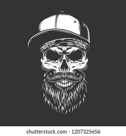 Vintage monochrome bearded and mustached skull in baseball cap and bandana isolated vector illustration