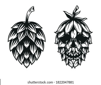 Vintage monochrome beer concept with hop cone and cone in shape of skull isolated vector illustration