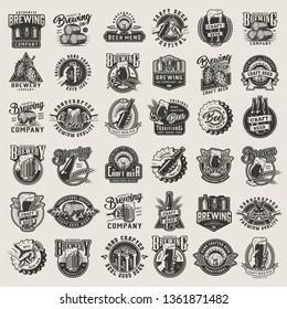 Vintage monochrome beer designs big set with brewing emblems badges prints and labels on light background isolated vector illustration