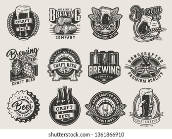 Vintage monochrome beer designs collection with brewing labels emblems prints and badges on light background isolated vector illustration