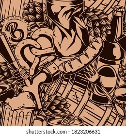 Vintage monochrome beer elements seamless pattern with wooden barrel pretzel mug bottle tap hop cone crumpled can sausage on fork cap vector illustration