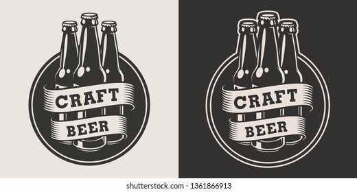 Vintage monochrome beer emblem with ribbon around glass bottles isolated vector illustration