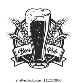 Vintage monochrome beer pub logo with full glass cup wheat ears and inscription on ribbon isolated vector illustration