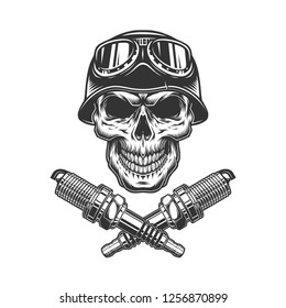 Vintage monochrome biker skull with moto helmet goggles and crossed engine spark plugs isolated vector illustration