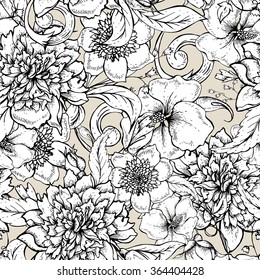 Vintage monochrome botanical seamless pattern with blooming peony, hibiscus, swirls and roses buds, hand drawn vector illustration