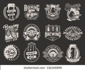 Vintage monochrome brewery emblems with hop cones brewing machine barley ears pretzel wooden barrel beer glasses bottles metal cap isolated vector illustration