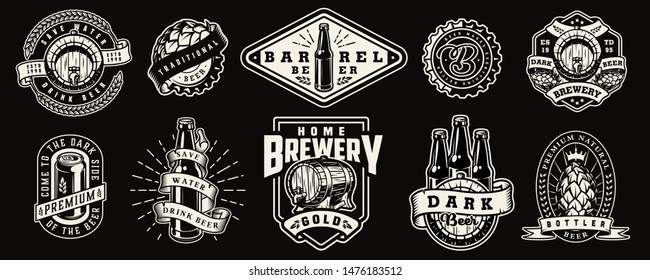 Vintage monochrome brewery prints with barley ears beer bottles wooden barrels can caps hop cones isolated vector illustration