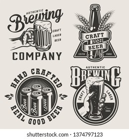 Vintage monochrome brewery prints with metal cans bottle barley ears male hands holding beer mug and glass isolated vector illustration