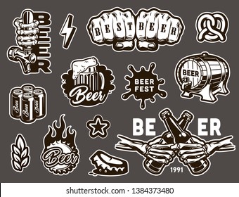 Vintage monochrome brewing elements set with pretzel beer tap glass cans cask mug fiery cap blot wheat ear skeleton hands clinking beer bottles isolated vector illustration