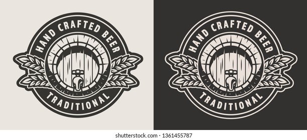 Vintage monochrome brewing print with wooden barrel of beer and barley ears isolated vector illustration
