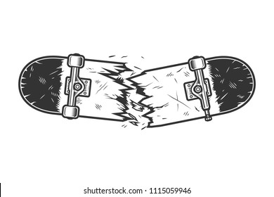 Vintage monochrome broken skateboard template isolated vector illustration