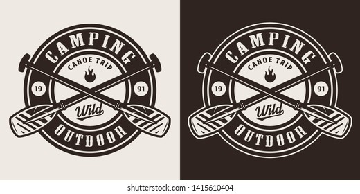 Vintage monochrome canoe trip badge with crossed boat paddles isolated vector illustration