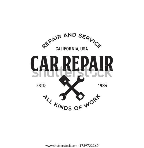 Vintage monochrome car repair service\
template, emblem, label, badge, logo. Service station auto parts\
tires shop mechanic on duty. Vector\
illustration.