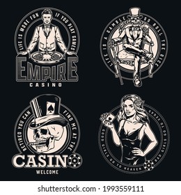 Vintage monochrome casino emblems with gambler skull smoking cigar skeleton in tuxedo and top hat sitting on chair croupier roulette wheel pretty lady with playing cards isolated vector illustration