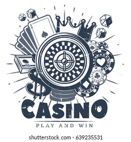 Vintage Monochrome Casino Logo Template With Roulette Cards Chips Money Crown And Dices Isolated Vector Illustration