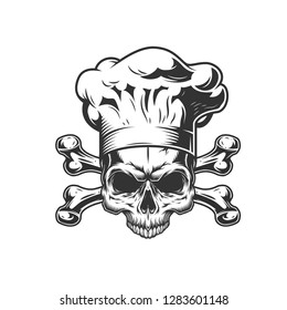Vintage monochrome chef skull with crossbones isolated vector illustration